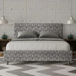 Letto 160x210cm matrimoniale contenitore con testiera imbottita in tessuto blu LIT412