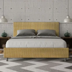 Letto 160x210cm matrimoniale contenitore con testiera imbottita in tessuto giallo LIT410
