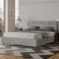 Letto 160x210cm matrimoniale contenitore con testiera imbottita in tessuto grigio LIT410