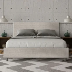 Letto 160x210cm matrimoniale contenitore con testiera imbottita in tessuto bianco LIT410