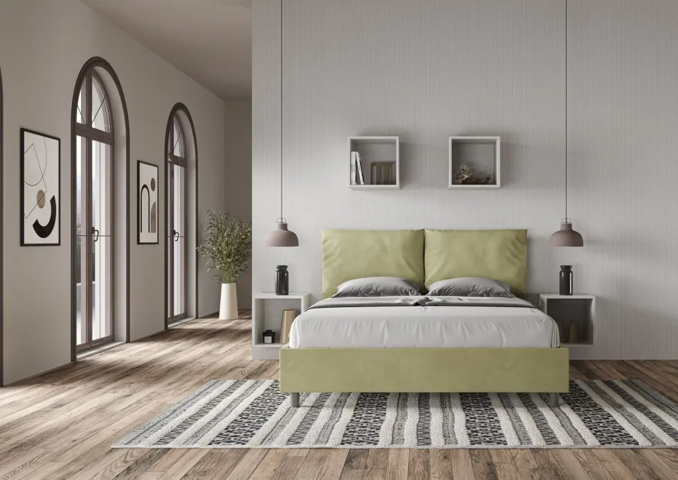 Letto 160x200cm matrimoniale contenitore con cuscino in microfibra tè verde LIT422