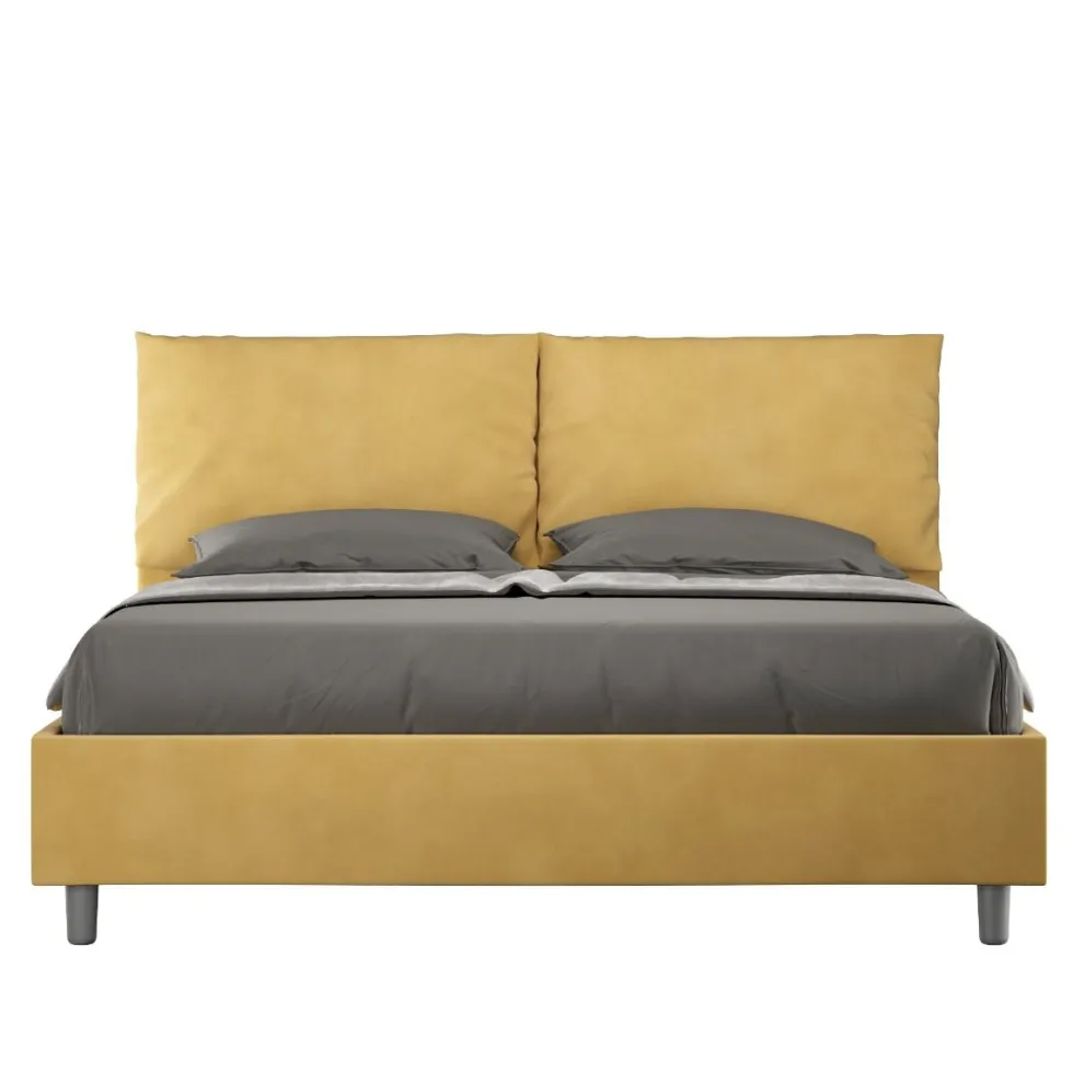Letto 160x200cm matrimoniale contenitore con cuscino in microfibra ocra LIT422