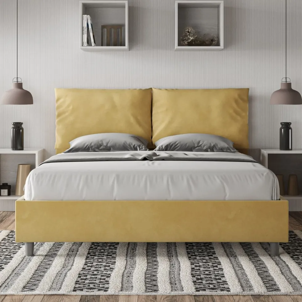 Letto 160x200cm matrimoniale contenitore con cuscino in microfibra ocra LIT422