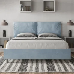 Letto 160x200cm matrimoniale contenitore con cuscino in microfibra azzurro LIT422