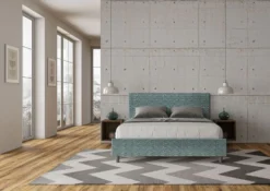 Letto 160x200cm matrimoniale contenitore con testata imbottita in tessuto blu LIT404