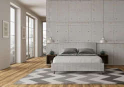 Letto 160x200cm matrimoniale contenitore con testata imbottita in tessuto bianco LIT404