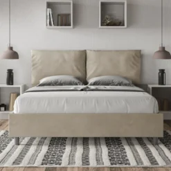 Letto 160x210cm matrimoniale contenitore con cuscino in microfibra sabbia beige LIT426