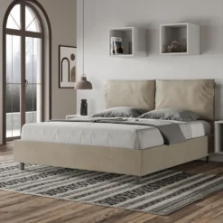Letto 160x210cm matrimoniale contenitore con cuscino in microfibra sabbia beige LIT426