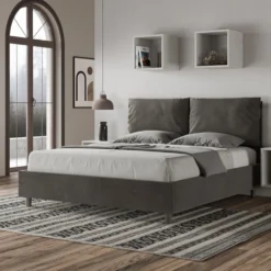 Letto 160x210cm matrimoniale contenitore con cuscino in microfibra grigio LIT426