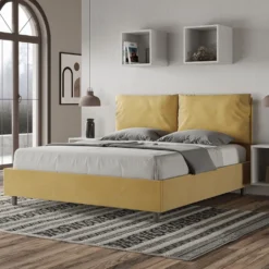 Letto 160x190cm matrimoniale contenitore con cuscino in microfibra ocra LIT418