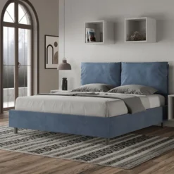 Letto 160x190cm matrimoniale contenitore con cuscino in microfibra blu LIT418