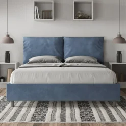 Letto 160x190cm matrimoniale contenitore con cuscino in microfibra blu LIT418