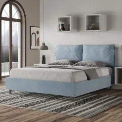Letto 160x190cm matrimoniale contenitore con cuscino in microfibra azzurro LIT418