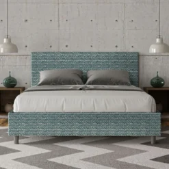 Letto 160x190cm matrimoniale contenitore con testata imbottita in tessuto blu LIT394