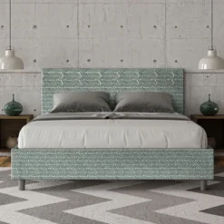 Letto 160x190cm matrimoniale contenitore con testata imbottita in tessuto azzurro LIT394