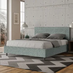 Letto 160x190cm matrimoniale contenitore con testata imbottita in tessuto azzurro LIT394