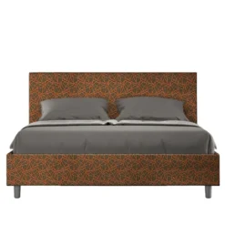 Letto 160x190cm matrimoniale contenitore con testiera imbottita in tessuto arancio LIT392