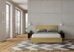 Letto 160x190cm matrimoniale contenitore con testiera imbottita in tessuto giallo LIT390