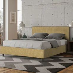 Letto 160x190cm matrimoniale contenitore con testiera imbottita in tessuto giallo LIT390