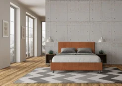 Letto 160x190cm matrimoniale contenitore con testiera imbottita in tessuto arancio LIT390