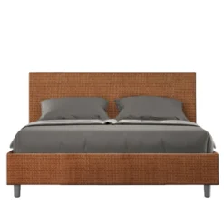 Letto 160x190cm matrimoniale contenitore con testiera imbottita in tessuto arancio LIT390