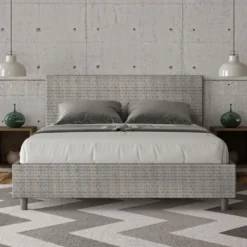 Letto 160x190cm matrimoniale contenitore con testiera imbottita in tessuto grigio LIT390