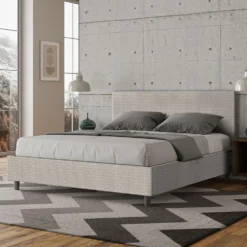 Letto 160x190cm matrimoniale contenitore con testiera imbottita in tessuto bianco LIT390