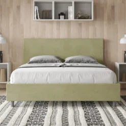Letto 160x210cm matrimoniale contenitore con testiera imbottita in microfibra tè verde LIT408