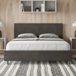 Letto 160x210cm matrimoniale contenitore con testiera imbottita in microfibra grigio LIT408