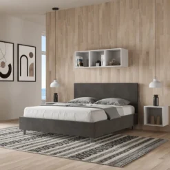 Letto 160x210cm matrimoniale contenitore con testiera imbottita in microfibra grigio LIT408