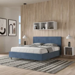 Letto 160x210cm matrimoniale contenitore con testiera imbottita in microfibra blu LIT408