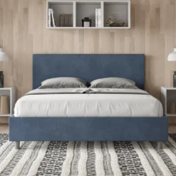 Letto 160x210cm matrimoniale contenitore con testiera imbottita in microfibra blu LIT408