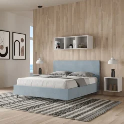 Letto 160x210cm matrimoniale contenitore con testiera imbottita in microfibra azzurro LIT408