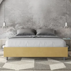 Letto 160x210cm matrimoniale contenitore sommier in microfibra ocra LIT378