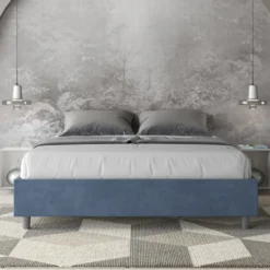 Letto 160x210cm matrimoniale contenitore sommier in microfibra blu LIT378