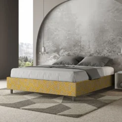 Letto 160x190cm matrimoniale contenitore sommier in tessuto giallo LIT362