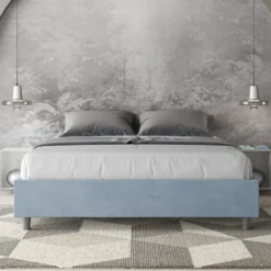 Letto 160x200cm matrimoniale contenitore sommier in microfibra azzurro LIT368