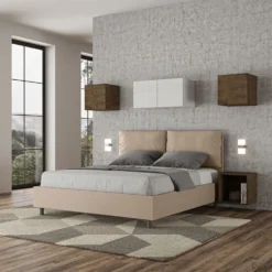 Letto 160x190cm matrimoniale contenitore con cuscino in similpelle tortora LIT416