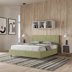 Letto 160x190cm matrimoniale contenitore con testiera imbottita in microfibra tè verde LIT388