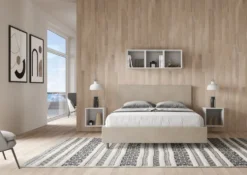 Letto 160x190cm matrimoniale contenitore con testiera imbottita in microfibra sabbia beige LIT388