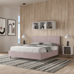 Letto 160x190cm matrimoniale contenitore con testiera imbottita in microfibra glicine lilla LIT388