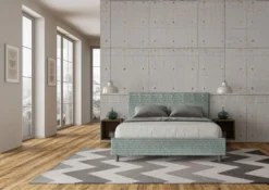 Letto 160x200cm matrimoniale con testata imbottita in tessuto azzurro LIT403