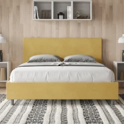 Letto 160x210cm matrimoniale con testiera imbottita in microfibra ocra LIT407