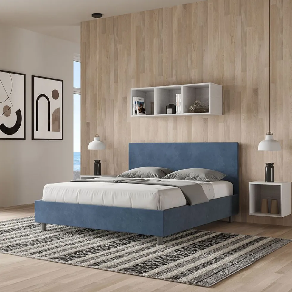 Letto 160x210cm matrimoniale con testiera imbottita in microfibra blu LIT407