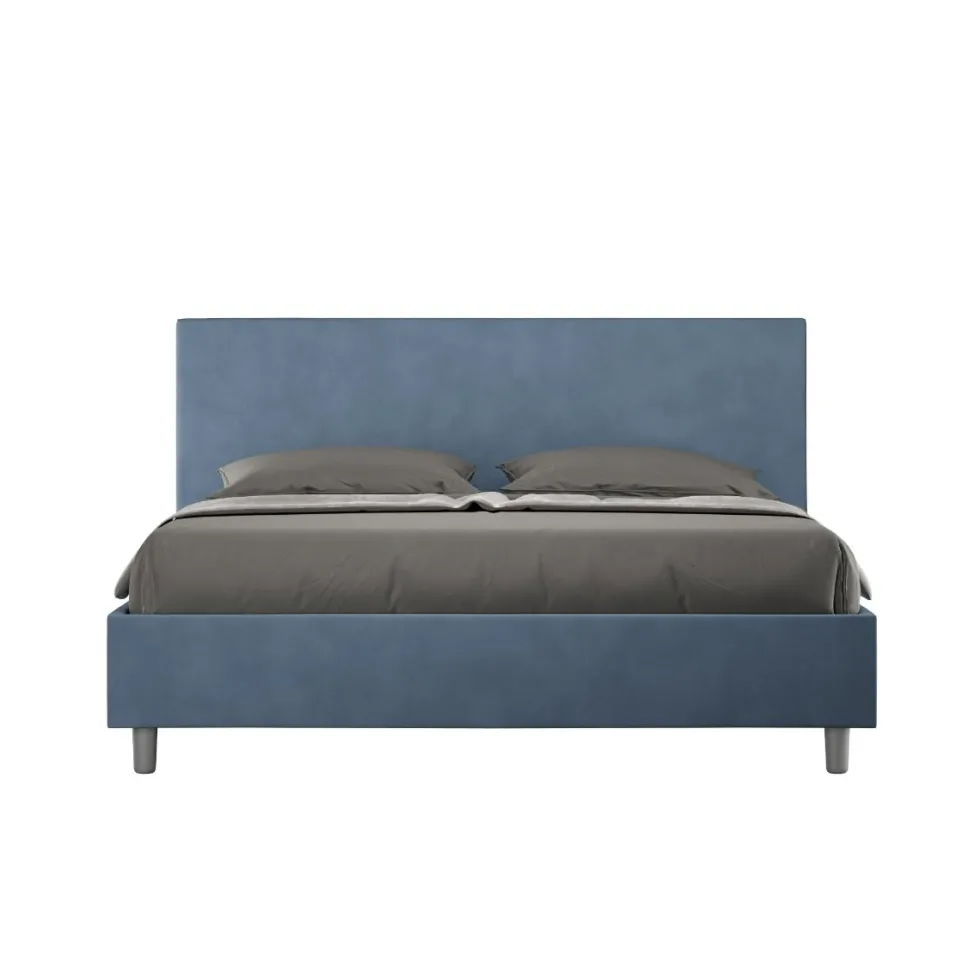 Letto 160x210cm matrimoniale con testiera imbottita in microfibra blu LIT407
