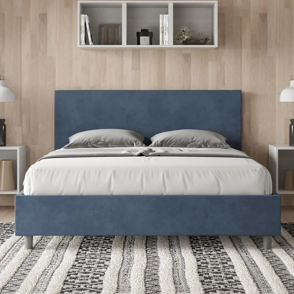 Letto 160x210cm matrimoniale con testiera imbottita in microfibra blu LIT407