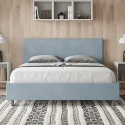 Letto 160x210cm matrimoniale con testiera imbottita in microfibra azzurro LIT407