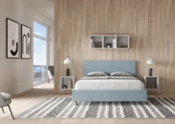 Letto 160x210cm matrimoniale con testiera imbottita in microfibra azzurro LIT407