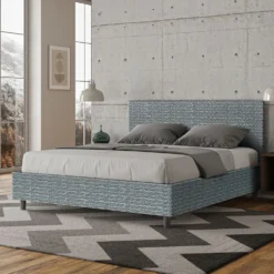 Letto 160x210cm matrimoniale con testata imbottita in tessuto blu LIT413