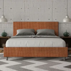 Letto 160x210cm matrimoniale con testiera imbottita in tessuto arancio LIT409